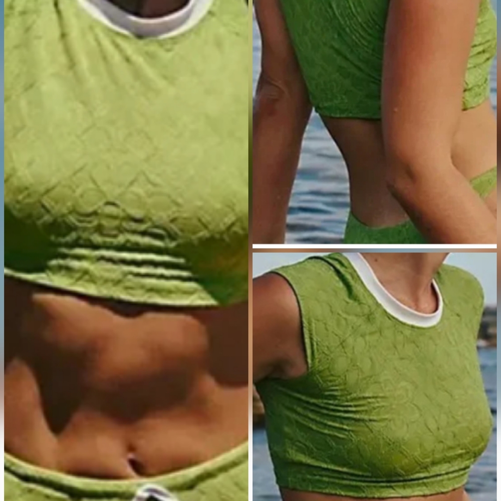 Free People The Sonny Tee In Fern Textured Crop Tank with White Trim - Picture 1 of 2